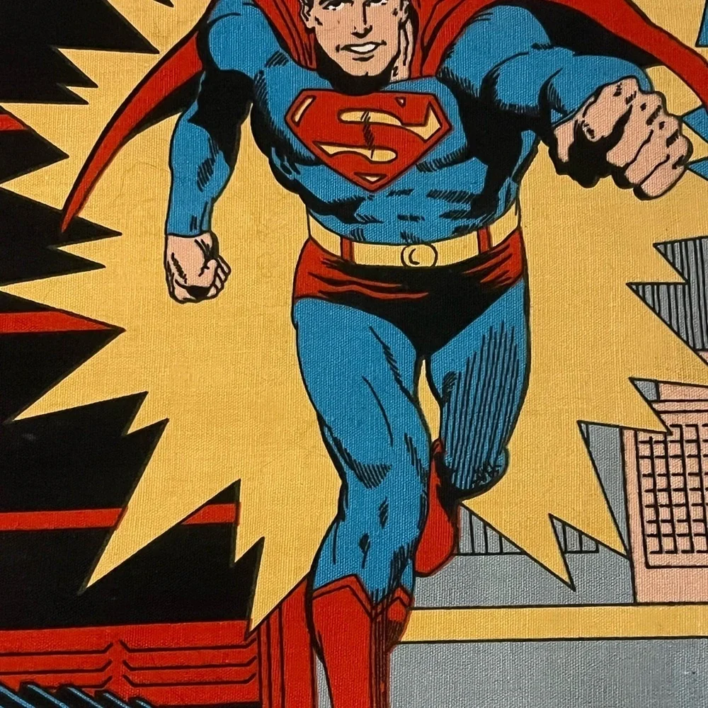 1975 Rare Vintage Superman DC Fabric Wall Hanging Comic Book Picture Red Yellow